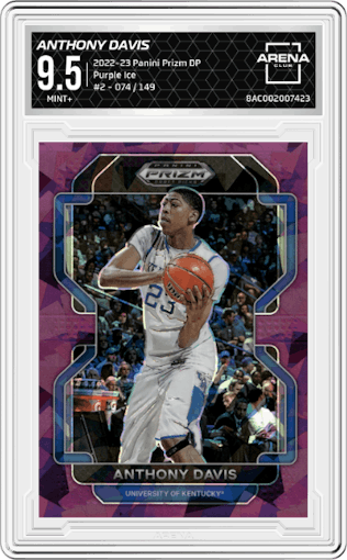 Anthony Davis from the 2022-23 Panini Prizm Draft Picks set featuring a Purple Ice parallel graded by Arena Club and given an overall grade of 9.5.