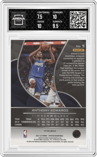 Anthony Edwards from the 2021-22 Panini Spectra set featuring a Asia parallel graded by Arena Club and given an overall grade of 8.