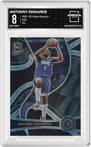 Anthony Edwards from the 2021-22 Panini Spectra set featuring a Asia parallel graded by Arena Club and given an overall grade of 8.