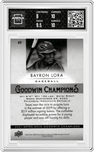 Bayron Lora from the 2021 Upper Deck Goodwin Champions set graded by Arena Club and given an overall grade of 8.5.