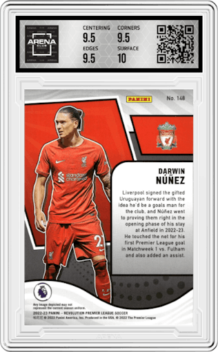 Darwin Nunez from the 2022-23 Panini Revolution Premier League set graded by Arena Club and given an overall grade of 10.