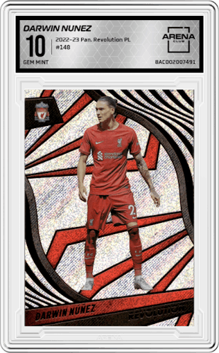 Darwin Nunez from the 2022-23 Panini Revolution Premier League set graded by Arena Club and given an overall grade of 10.