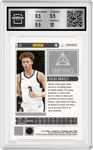 Dyson Daniels from the 2022-23 Panini Chronicles Draft Picks set graded by Arena Club and given an overall grade of 10.
