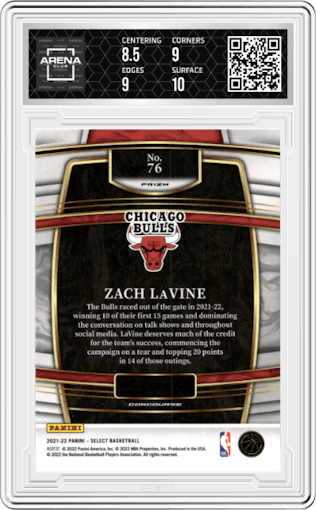Zach Lavine from the 2021-22 Panini Select set featuring a Scope parallel graded by Arena Club and given an overall grade of 9.