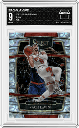 Zach Lavine from the 2021-22 Panini Select set featuring a Scope parallel graded by Arena Club and given an overall grade of 9.