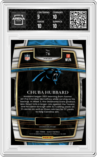 Chuba Hubbard from the 2021 Panini Select set featuring a Die-Cut Green/Yellow parallel graded by Arena Club and given an overall grade of 9.5.