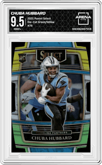 Chuba Hubbard from the 2021 Panini Select set featuring a Die-Cut Green/Yellow parallel graded by Arena Club and given an overall grade of 9.5.