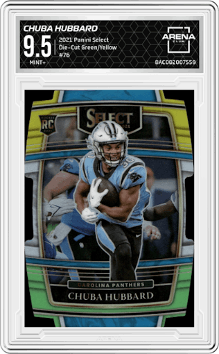 Chuba Hubbard from the 2021 Panini Select set featuring a Die-Cut Green/Yellow parallel graded by Arena Club and given an overall grade of 9.5.