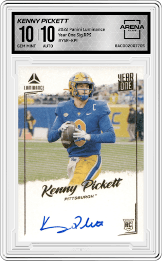 Kenny Pickett from the 2022 Panini Luminance set graded by Arena Club and given an overall grade of 10.