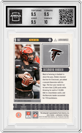 Desmond Ridder from the 2022 Panini Luminance set graded by Arena Club and given an overall grade of 10.