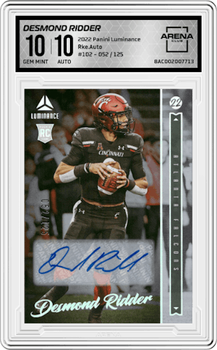 Desmond Ridder from the 2022 Panini Luminance set graded by Arena Club and given an overall grade of 10.