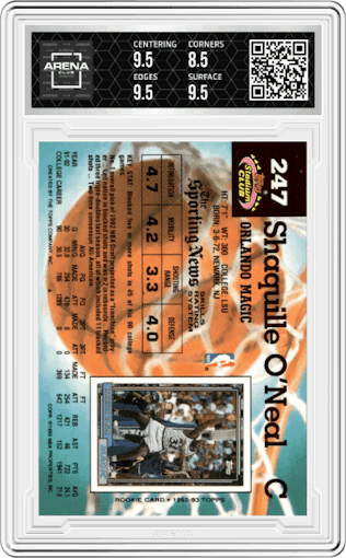 Shaquille O'Neal  from the 1992-93 Topps Stadium Club set graded by Arena Club and given an overall grade of 9.