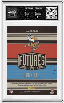 Jaren Hall from the 2023 Panini Legacy set graded by Arena Club and given an overall grade of 8.5.