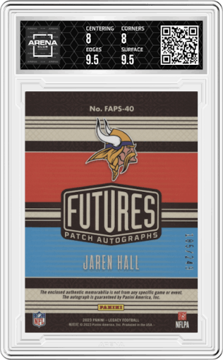Jaren Hall from the 2023 Panini Legacy set graded by Arena Club and given an overall grade of 8.5.