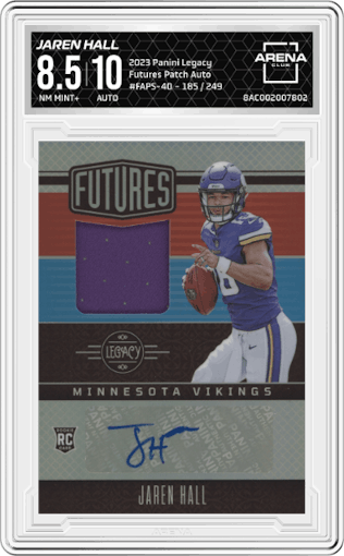 Jaren Hall from the 2023 Panini Legacy set graded by Arena Club and given an overall grade of 8.5.