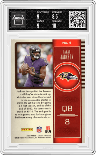 Lamar Jackson from the 2023 Panini Legacy set featuring a Green parallel graded by Arena Club and given an overall grade of 9.