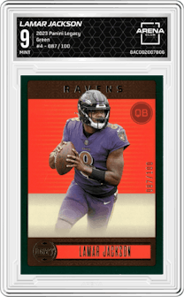 Lamar Jackson from the 2023 Panini Legacy set featuring a Green parallel graded by Arena Club and given an overall grade of 9.