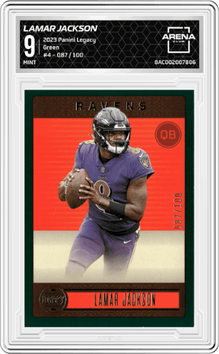 Lamar Jackson from the 2023 Panini Legacy set featuring a Green parallel graded by Arena Club and given an overall grade of 9.