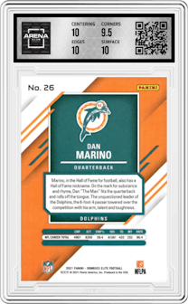 Dan Marino from the 2021 Panini Donruss Elite set featuring a Red parallel graded by Arena Club and given an overall grade of 10.