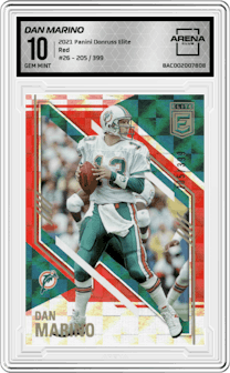 Dan Marino from the 2021 Panini Donruss Elite set featuring a Red parallel graded by Arena Club and given an overall grade of 10.