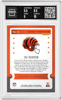 Joe Burrow from the 2020 Panini Rookies & Stars set featuring a Purple parallel graded by Arena Club and given an overall grade of 9.