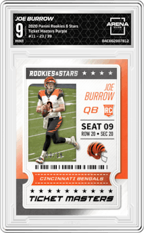 Joe Burrow from the 2020 Panini Rookies & Stars set featuring a Purple parallel graded by Arena Club and given an overall grade of 9.
