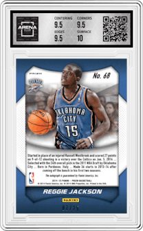 Reggie Jackson from the 2014-15 Panini Prizm set featuring a Red Pulsar parallel graded by Arena Club and given an overall grade of 10.