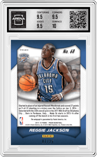 Reggie Jackson from the 2014-15 Panini Prizm set featuring a Red Pulsar parallel graded by Arena Club and given an overall grade of 10.