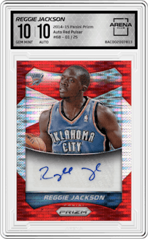 Reggie Jackson from the 2014-15 Panini Prizm set featuring a Red Pulsar parallel graded by Arena Club and given an overall grade of 10.