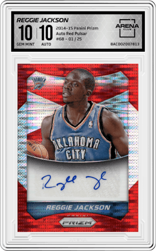 Reggie Jackson from the 2014-15 Panini Prizm set featuring a Red Pulsar parallel graded by Arena Club and given an overall grade of 10.