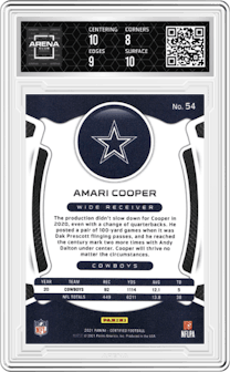 Amari Cooper from the 2021 Panini Certified set featuring a Mirror Orange parallel graded by Arena Club and given an overall grade of 8.5.