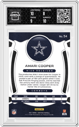 Amari Cooper from the 2021 Panini Certified set featuring a Mirror Orange parallel graded by Arena Club and given an overall grade of 8.5.