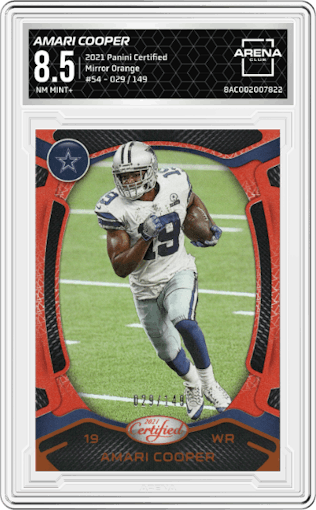 Amari Cooper from the 2021 Panini Certified set featuring a Mirror Orange parallel graded by Arena Club and given an overall grade of 8.5.