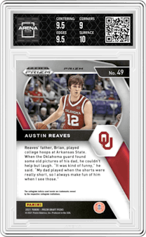Austin Reaves from the 2021-22 Panini Prizm Draft Picks set featuring a Orange Ice parallel graded by Arena Club and given an overall grade of 9.5.
