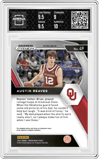 Austin Reaves from the 2021-22 Panini Prizm Draft Picks set featuring a Orange Ice parallel graded by Arena Club and given an overall grade of 9.5.