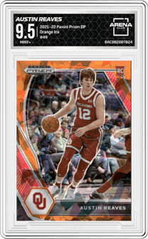 Austin Reaves from the 2021-22 Panini Prizm Draft Picks set featuring a Orange Ice parallel graded by Arena Club and given an overall grade of 9.5.