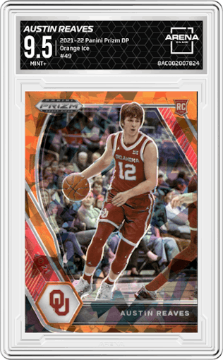 Austin Reaves from the 2021-22 Panini Prizm Draft Picks set featuring a Orange Ice parallel graded by Arena Club and given an overall grade of 9.5.