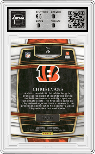  Chris Evans from the 2021 Panini Select set featuring a Red Prizm parallel graded by Arena Club and given an overall grade of 10.