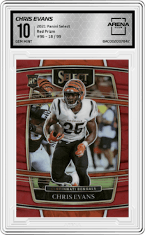  Chris Evans from the 2021 Panini Select set featuring a Red Prizm parallel graded by Arena Club and given an overall grade of 10.