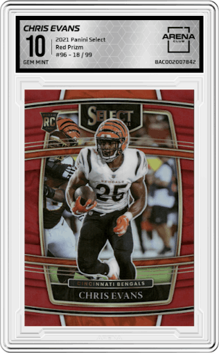  Chris Evans from the 2021 Panini Select set featuring a Red Prizm parallel graded by Arena Club and given an overall grade of 10.
