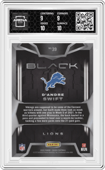 D'Andre Swift from the 2022 Panini Black set featuring a Sapphire parallel graded by Arena Club and given an overall grade of 9.5.