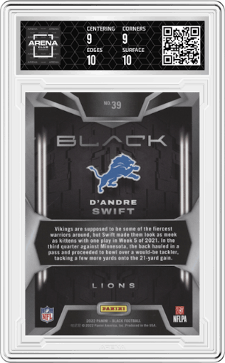 D'Andre Swift from the 2022 Panini Black set featuring a Sapphire parallel graded by Arena Club and given an overall grade of 9.5.
