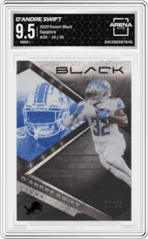 D'Andre Swift from the 2022 Panini Black set featuring a Sapphire parallel graded by Arena Club and given an overall grade of 9.5.