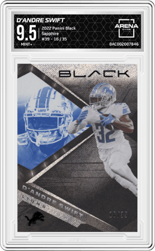 D'Andre Swift from the 2022 Panini Black set featuring a Sapphire parallel graded by Arena Club and given an overall grade of 9.5.
