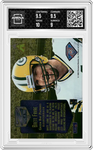 Brett Favre from the 1995 Pinnacle Zenith set graded by Arena Club and given an overall grade of 9.5.
