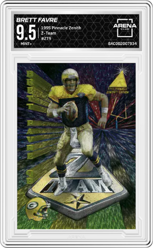 Brett Favre from the 1995 Pinnacle Zenith set graded by Arena Club and given an overall grade of 9.5.