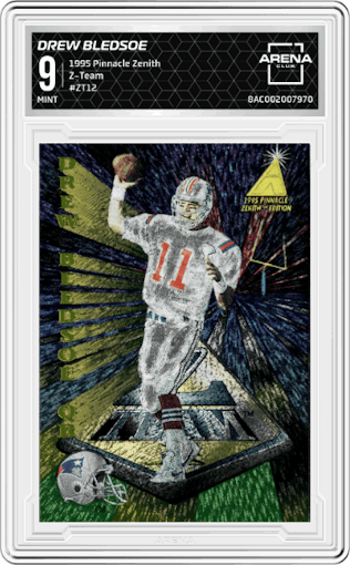 Drew Bledsoe from the 1995 Pinnacle Zenith set graded by Arena Club and given an overall grade of 9.
