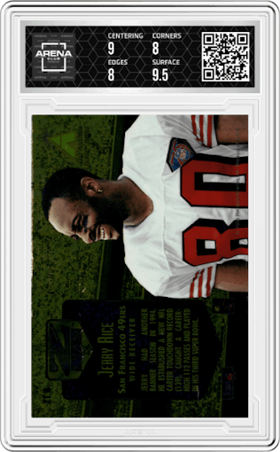 Jerry Rice from the 1995 Pinnacle Zenith set graded by Arena Club and given an overall grade of 8.5.