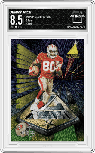 Jerry Rice from the 1995 Pinnacle Zenith set graded by Arena Club and given an overall grade of 8.5.