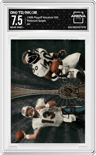 Dan Marino/Terrell Davis/Napoleon Kaufman/Jerome Bettis from the 1998 Playoff Absolute SSD Hobby set graded by Arena Club and given an overall grade of 7.5.
